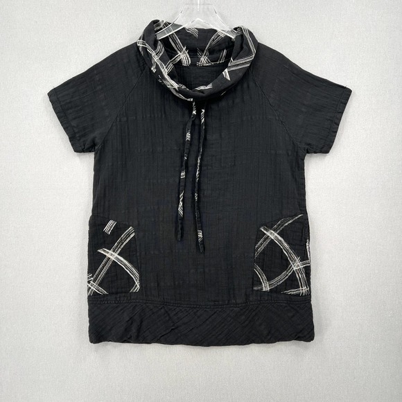 Black Womens Medium Cotton gauze Short Sleeve Tunic Top Funnel neck Pocket - Picture 1 of 11